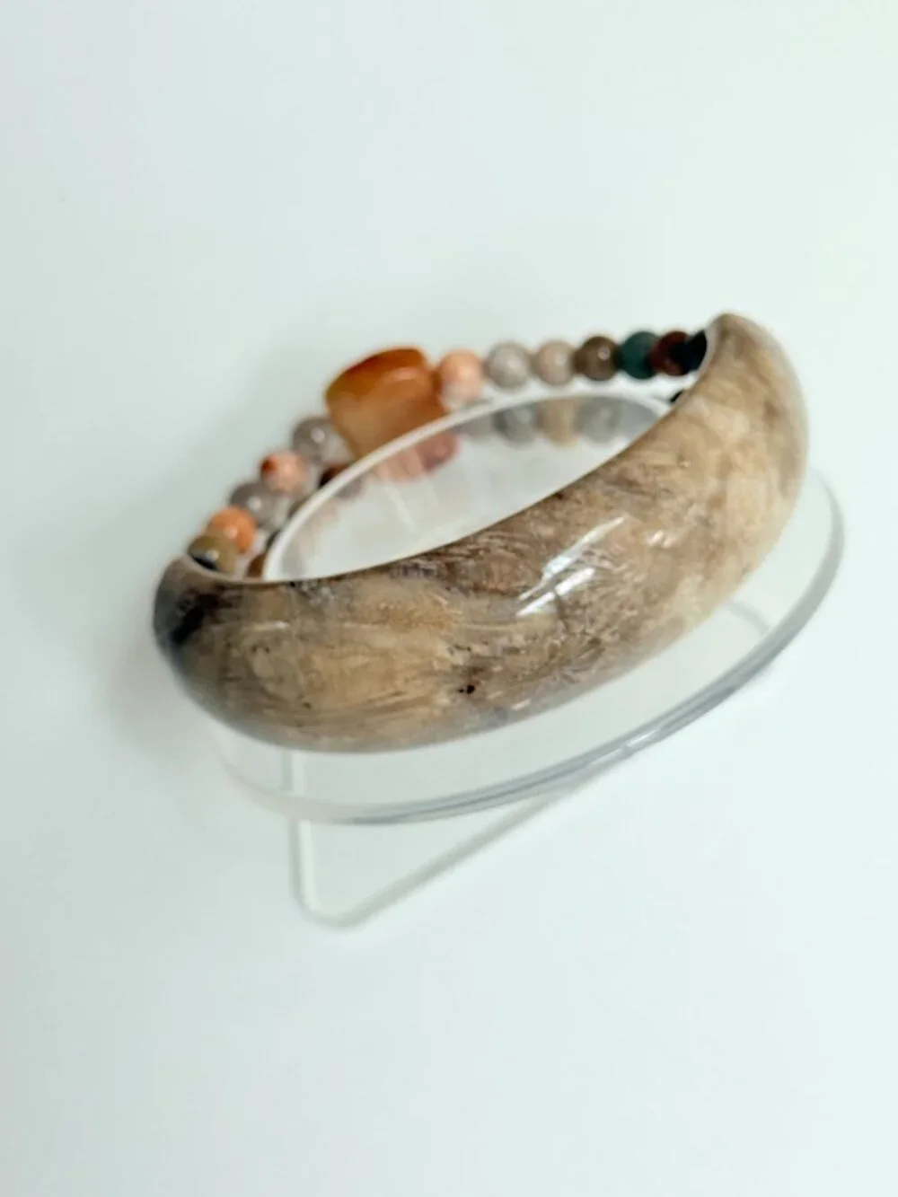 Unisex Coral Fossil Half Bangle Double Strand Bracelet